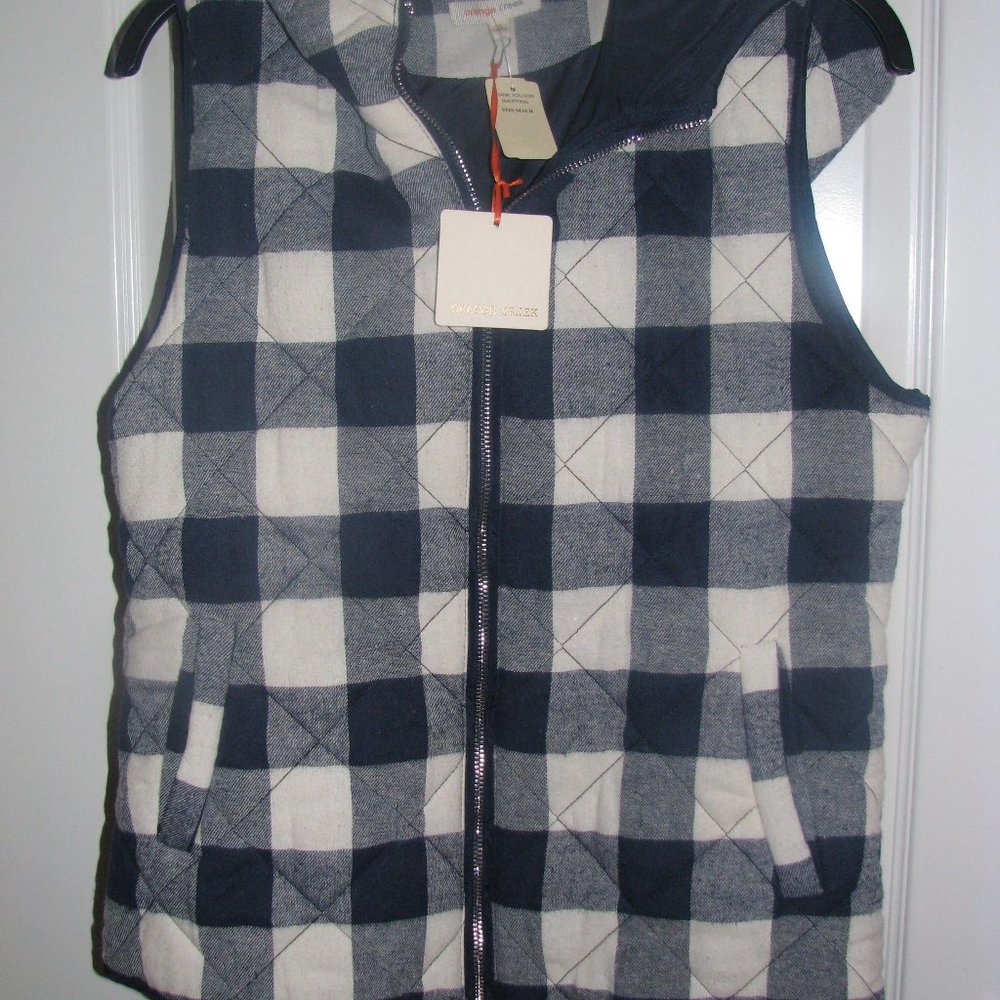 SALE!! Reduced to $15. Orange Creek Hooded Plaid Vest / Navy White NWT